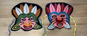 Vintage Kuna Indian Mola Costume Jaguar Masks ~ 2 Folk Art Handmade Panama Masks - Picture 1 of 6