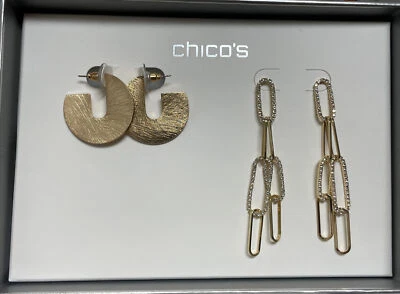 PENDIENTES CHICO’S NUEVOS EN CAJA TONO ORO AROS CEPILLADOS / CRISTAL PAVÉ BLANCO COLGANTES Foto 1 de 2