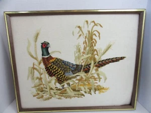 Acabado Crewel Bordado Faisán Pájaro Ave De Colección Terminado 17x21 Enmarcado - Imagen 1 de 5