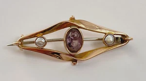 Antique c1905 Art Nouveau 9ct Gold Amethyst & Seed Pearl Twist Bar Pin Brooch - Picture 1 of 11