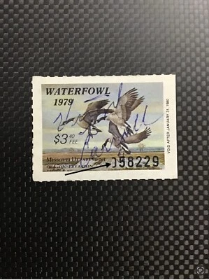 1979 Missouri Duck Stamp, MNH OG, Hunter Signed.  Printing Flaw. See Pic. - Image 1 of 2