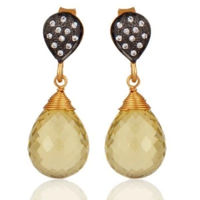 Natural Lemon Topaz Gemstone 925 Silver Teardrop Designer Earrings Jewelry - Image 1 of 2