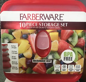Farberwear 10 pc Storage Set Snap Down Vented Lids BPA Free Plastic Red New - Bild 1 von 3