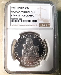 HAITI 1973 50 Gourdes Woman with Child Silver, Proof NGC PF 67 ULTRA CAMEO - Picture 1 of 3