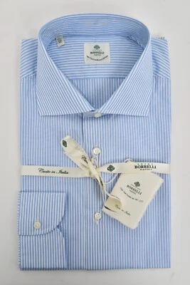 NWT LUIGI BORRELLI Napoli Blue White Candy Striped Cotton Dress Shirt 18 2XL 45 - Image 1 of 4