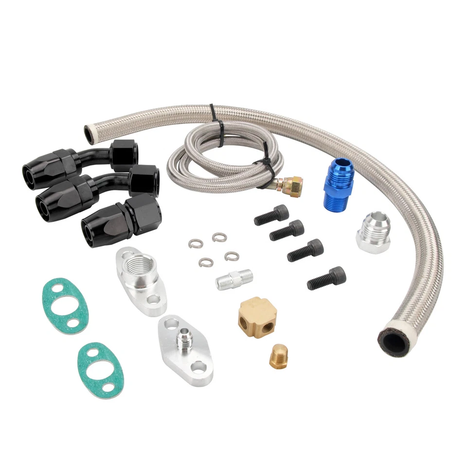 Universal Turbo Oil Line Kit Feed + Return Drain Flange T3 T4 T04E Oil Pan Plug - Image 1 of 4