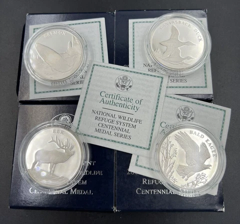 Complete Set of Four 2003 National Wildlife Refuge System Silver Proof Medals Cover