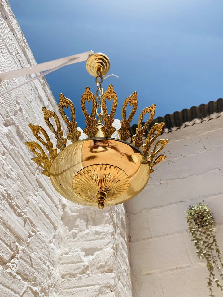 Petite Antique Brass Spanish Chandelier Gold Colonial 3 Lights, 23" L x 12 W" - Image 1 of 4