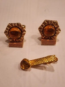 Vintage Mesh Wrap Around Golden Red Textured Cufflinks & Tie Clip Set Read - Picture 1 of 7