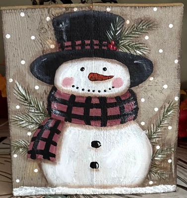 *~* HAND PAINTED SNOWMAN *~* PINE BRANCHES *~* WINTER *~* RECLAIMED WOOD - Image 1 of 2