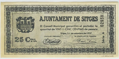 ☆ SPAIN CIVIL WAR 1937 • SITGES 25 CENT MUNICIPAL ☆ GUERRA CIVIL ESPAÑOLA ☆C5735 - Image 1 of 2