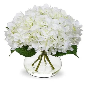  Hydrangea Artificial Flowers with Vase White Silk Glass Vase Hydrangea, White - Picture 1 of 7