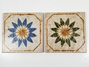 2 Vintage Italian RIMAS Flower Tile Trivet Set 6"x6" Blue Green Rivast Maiol Lot - Picture 1 of 7