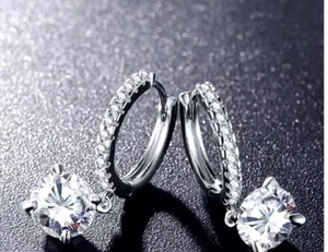 2.00CT Round Cut Moissanite Diamond Women's Hoop Earrings 14K White Gold Plated - Picture 1 of 10