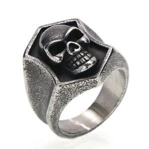 Men's Retro Gray Raised Skull Ring Stainless Steel Biker Hip Hop Boy's Gift Ring - Picture 1 of 7