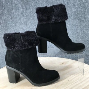 H By Halston Boots Womens 7.5 M Cindy Ankle Booties Heels Black Suede Faux Fur - Picture 1 of 18