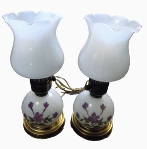 Vtg Pair Milk Glass Hurricane Floral Table Lamp Night Light Hand painted Violets - Picture 1 of 21