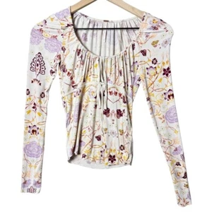 Free People Womens Make It Easy Cream Floral Print Long Sleeve Cutout Top size S - Picture 1 of 8