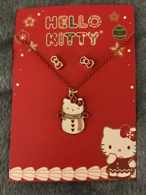 Hello Kitty Earrings & Necklace Set Christmas/Holiday Red Bow Snowman New - Image 1 of 4