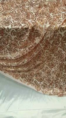 Rose gold lace fabric Roses Sequin on blush mesh 1way stretch Prom fabric By Yrd - Image 1 of 4
