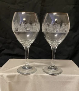 #189B Long Stem Wine Goblets With Gold Rim Etched Winter Scene Set Of 2 VeryNice - Picture 1 of 5