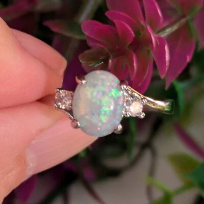 Кольцо с огненным опалом покрытие серебро 925 пробы с фианитами размер 9 - Изображение 1 из 4