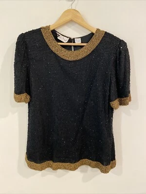 Blusa vintage 100 % seda Laurence Kazar lurex totalmente con cuentas talla grande negra dorada Foto 1 de 4