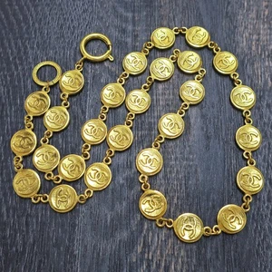 Collar de cadena de monedas vintage redondo con logotipos CC chapado en oro CHANEL #1128c Rise-on - Imagen 1 de 9