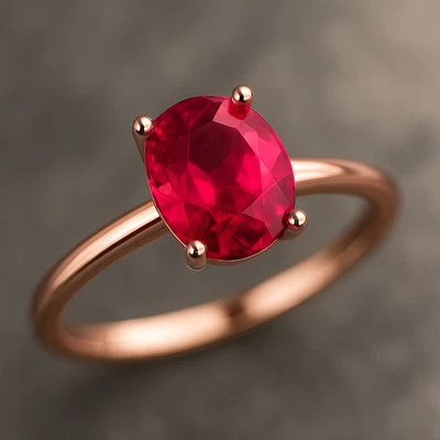 Lab Ruby Simple Ring Rose Gold Plated 925 Sterling Silver 11X9 mm 5 ct Gemstone - Image 1 of 4