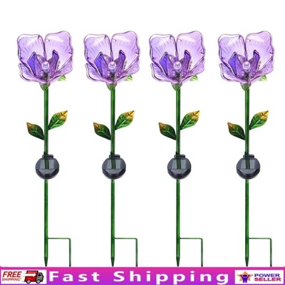 Solar Powered Glass Flower Garden Stakes Set of 4 Colorful Outdoor Decor New - Image 1 of 4