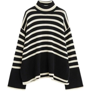 Chic Oversize Two Tone Striped Turtle Neck Sweater - Cozy Winter/Fall Pullover - Picture 1 of 3