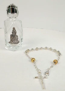 Glass Holy Water Bottle and Cross Bracelet Our Lady of Lourdes France J362 - Picture 1 of 4