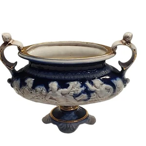 Italian Italy Flow Blue Compote Vase Cupids Baby Gold Leaf Footed Handles 7" x 9 - Picture 1 of 11