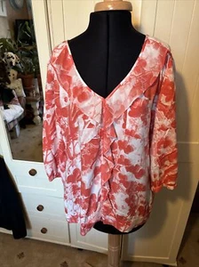 NEXT Ladies Orange White Floral Ruffle Trim Oversized 3/4 Sleeve Blouse Size 10 - Picture 1 of 10