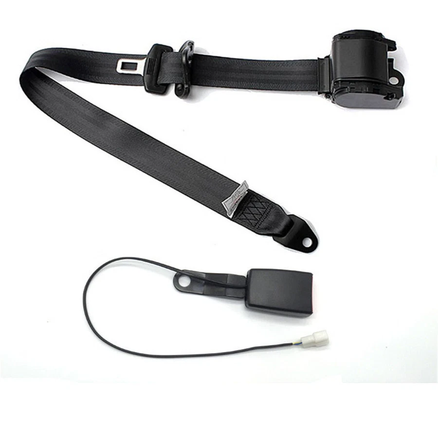 Black 3Point Car Seat Belt Retractable Adjustable Safety Belted W/ Warning Cable - Image 1 of 4