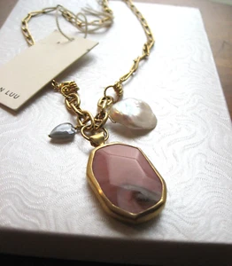 Chan Luu Necklace Pearl & Rohodchrosite Pendant Labradorite Gold Boho Modern NWT - Picture 1 of 13
