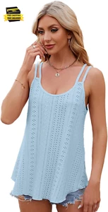 Womens Loose Fit Eyelet Tank Top for Summer Casual Solid Color Scoop Neck Camiso - Picture 1 of 6