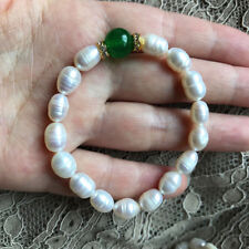 Natural 8-9mm White Freshwater Rice Pearl 10mm Green Jade Elastic Bracelet 7.5''