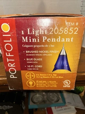 NUEVO Portafolio Mini Colgante Luz VIDRIO Níquel Cepillado Azul Cobalto Pantalla de Vidrio Foto 1 de 4