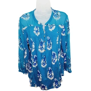 Lucky Brand Teal Floral Boho Knit & Sheer Blouse Women's Size Large - Picture 1 of 16