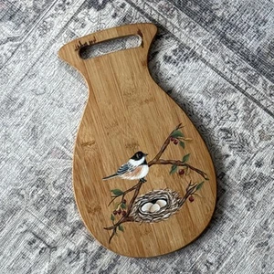 Vintage Decorative Bamboo Cutting Board  Hand-Painted Folk Art Bird Nest Fruit - Bild 1 von 6