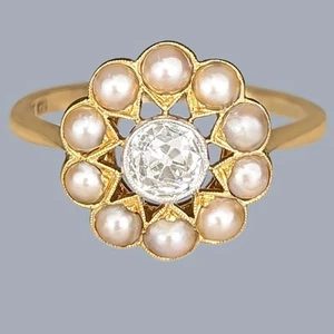 Antique Edwardian Pearl & Diamond Cluster Ring 18ct Gold and Platinum Circa 1910 - Picture 1 of 8