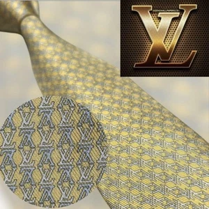 Louis Vuitton Krawatte Krawatte 100 % Seide gelb grau LV Logo Muster 3,1 Zoll aus Japan - Bild 1 von 24