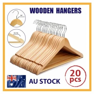 20 Pcs Wooden Hangers Clothes Coat Pant Suit Garments Trouser Rack Wardrobe - Picture 1 of 4