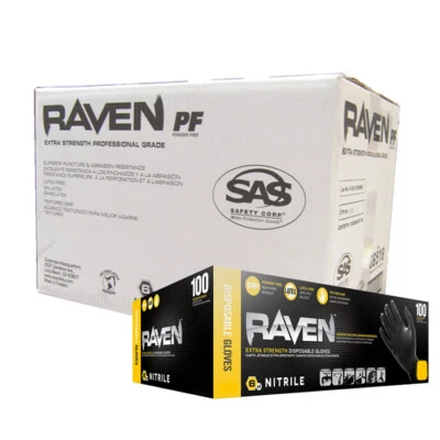 SAS RAVEN BLACK 7 MIL Powder Latex Free Disposable Nitrile Gloves 10 BOXES CASE