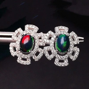 Oval Natural Black Fire Opal Diamond Vintage Stud Earrings 14K White Gold Finish - Picture 1 of 7