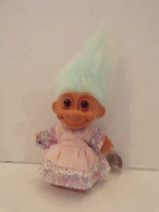 Russ Troll Doll~4"~Vintage~Paisley Print Dress~Apron~Light Blue Hair~Brown Eyes - Picture 1 of 5