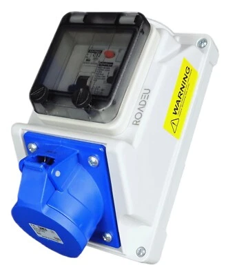 ROADEU Steckdose und FI Schutzschalter CEE 32A 3P, Wandsteckdose mit Leistungsschalter