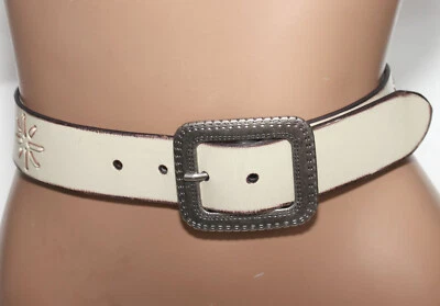 Women's Off-White Leather Fashion Belt w/ Lace Frame Buckle SIZE L/XL - 49" Long - Image 1 of 4