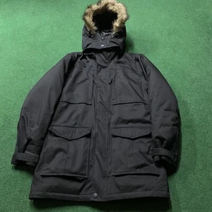 Piumino d'oca vintage Eddie Bauer uomo M nero cappuccio pelliccia parka cappotto artico - Foto 1 di 9